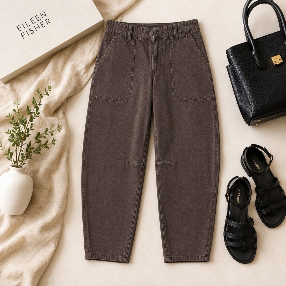 Eileen Fisher Womens Medium Ankle Barrel Pant Brown Brushed Organic Cotton 32x28